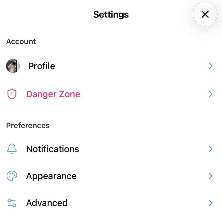Settings menu with Appearance between Notifications and Advanced in the Preferences section.