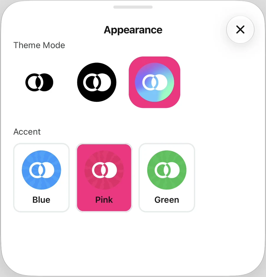 Appearance panel with Pink selected as the accent color and Automatic still selected as the theme mode.