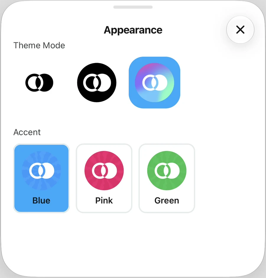 Appearance panel showing the light, dark, and automatic theme icons from left to right, with Automatic selected in blue.