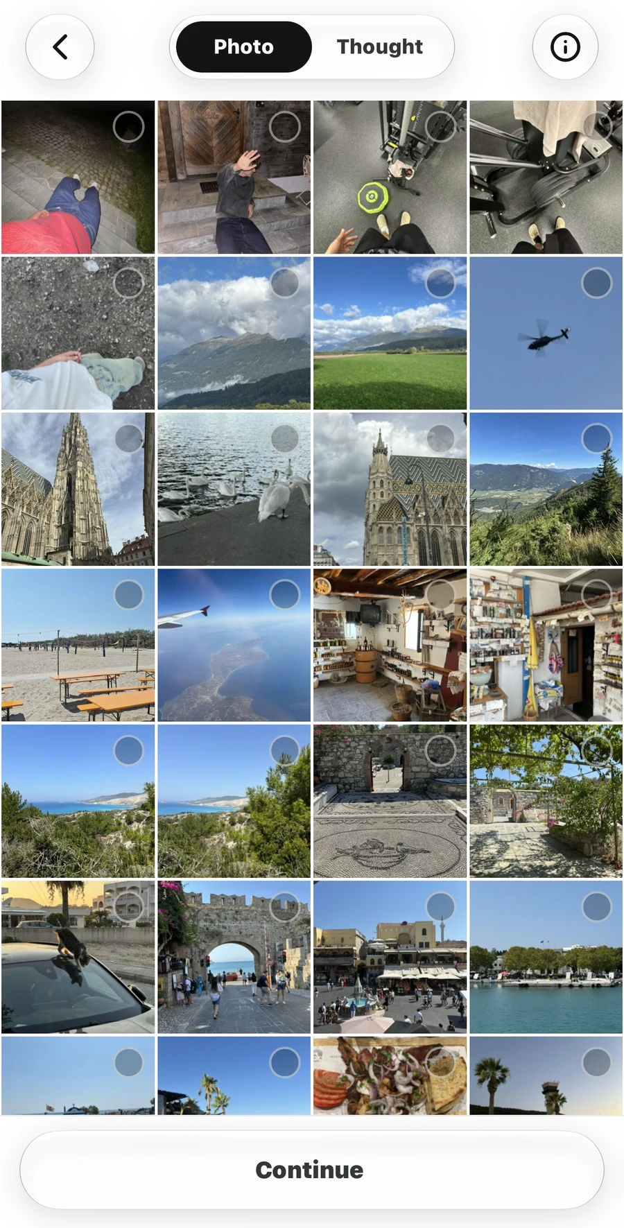 Photo creation screen with Photo selected, a grid of library images, and the Continue button at the bottom.