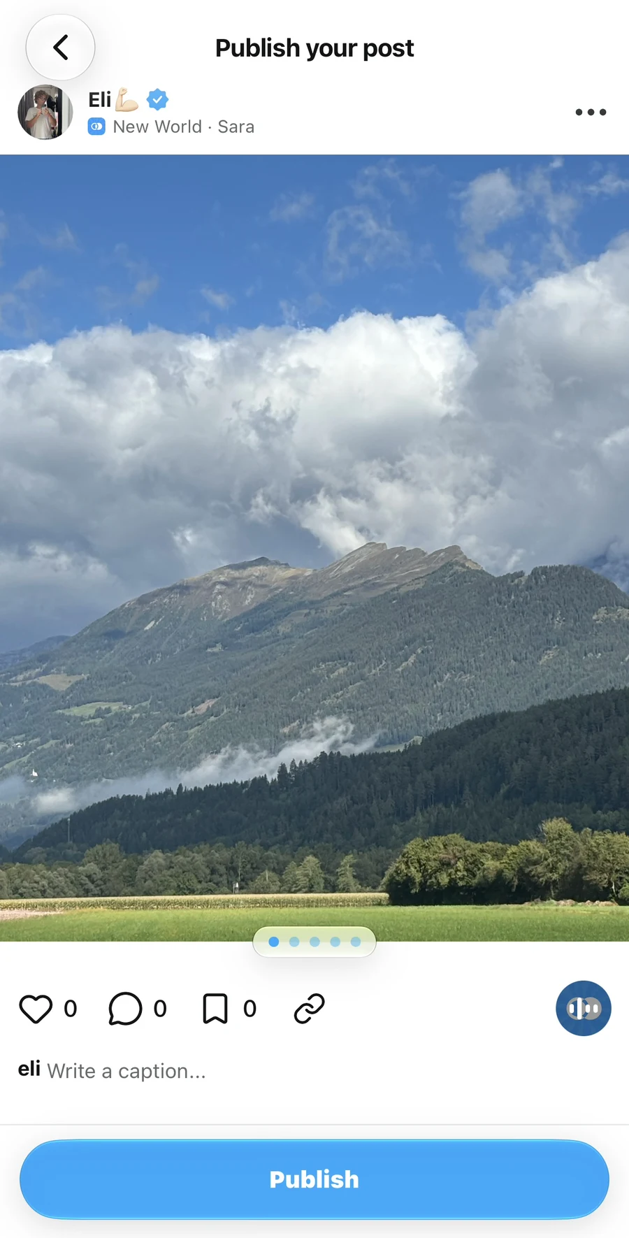 Publish your post preview showing a mountain photo, five position dots, the Write a caption field, and Publish button.