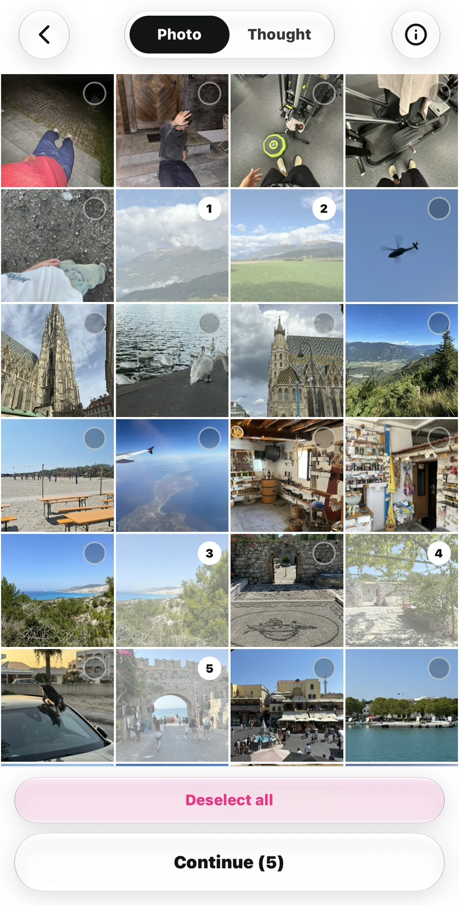 Photo library with five selected images marked 1 through 5, plus Deselect all and Continue (5) buttons.