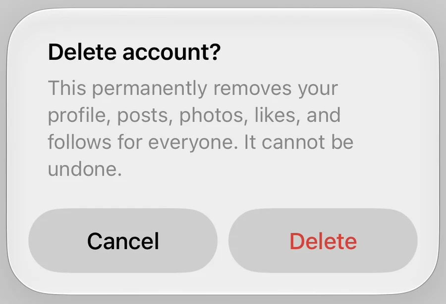 Delete account? confirmation explaining that deletion is permanent, with Cancel and Delete buttons.
