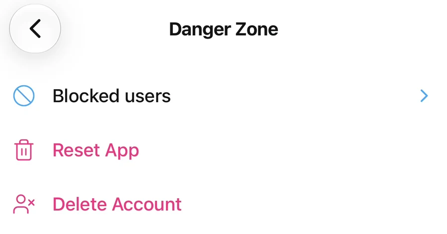 Danger Zone screen with Blocked users, Reset App, and Delete Account listed separately.