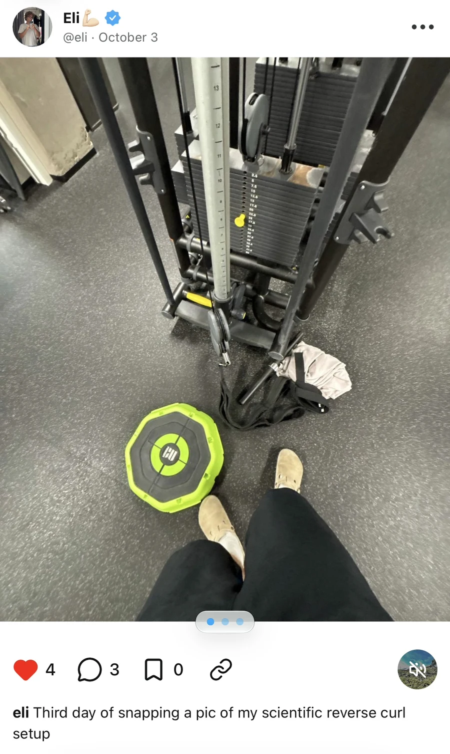 Photo post showing a gym photo, three carousel dots, reaction controls, and a caption below the image.