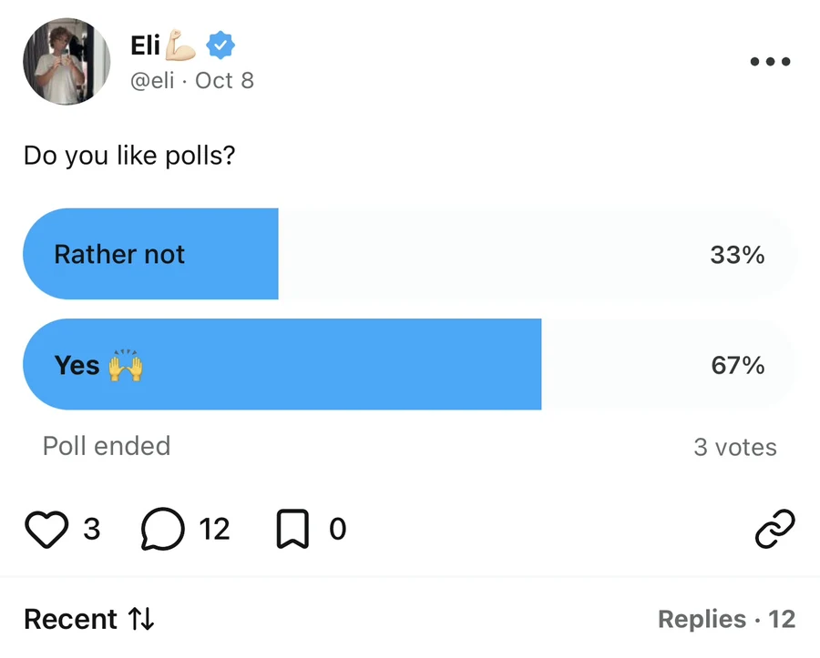 Thought post asking Do you like polls? with two poll options, final percentages, three votes, and a Replies heading below.