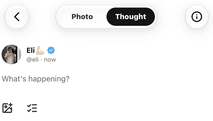 Empty thought composer with Thought selected and the What’s happening? text field below the account details.
