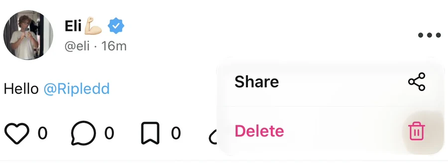 Post options menu with Share above the highlighted Delete option and trash icon.