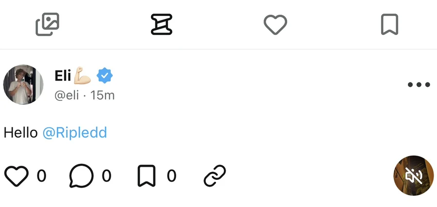 Profile tabs with the thought tab selected and a thought post reading Hello @Ripledd below it.