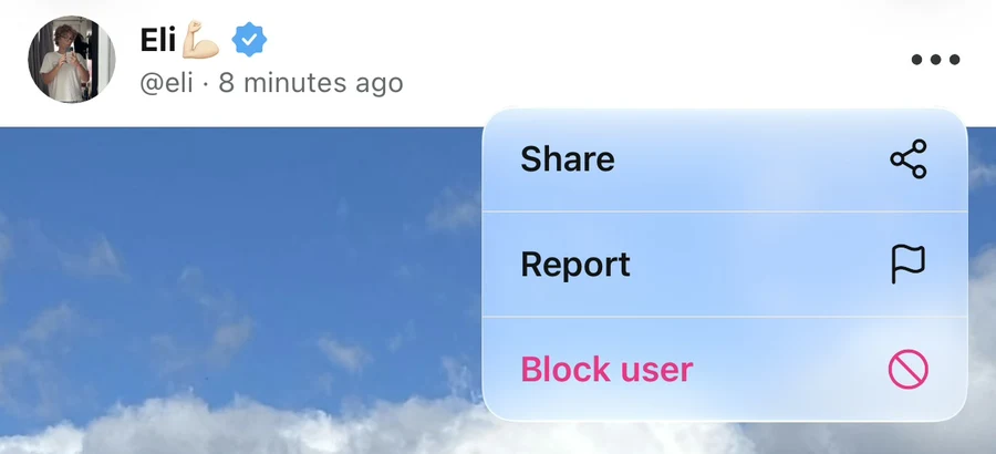 Post menu showing Share, Report with a flag icon, and Block user.