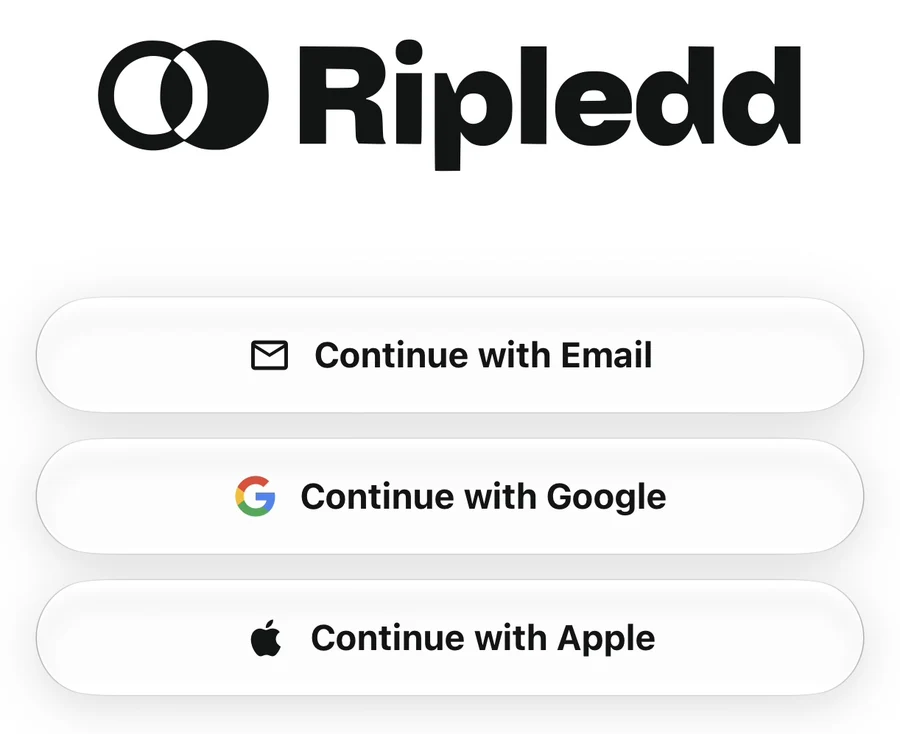 Ripledd welcome screen with Continue with Email above the Google and Apple sign-in options.