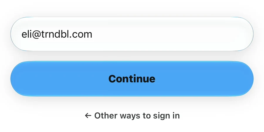 Email entry screen with an email address entered and the Continue button below it.