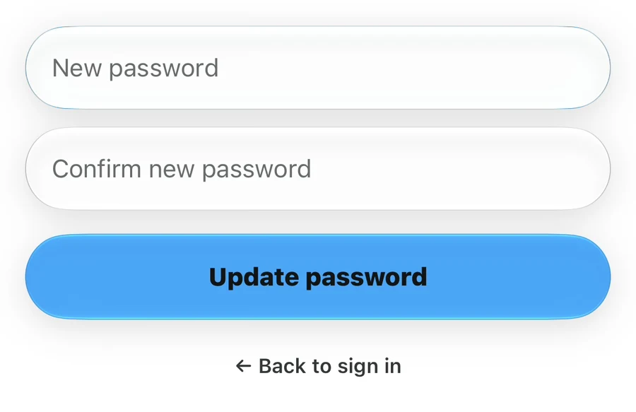 Password reset form with New password and Confirm new password fields above the Update password button.